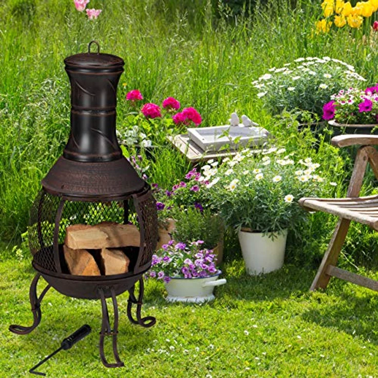 relaxdays Feuerschale Aztekenofen für Garten rot-bronze, Inka-Design mit Funkenschutzgitter und Schürhaken – Bild 2