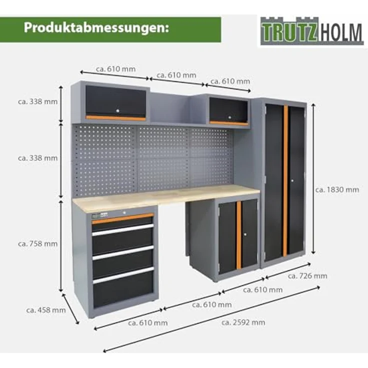 TRUTZHOLM Werkstattwand Werkstattschranksystem Werkstatteinrichtung 13-TLG. Lochwänden | flexibel zusammenstellbar, abschließbar, Hochschrank, Hängeschränke, Unterschränke mit Gasdruckfedern – Bild 2