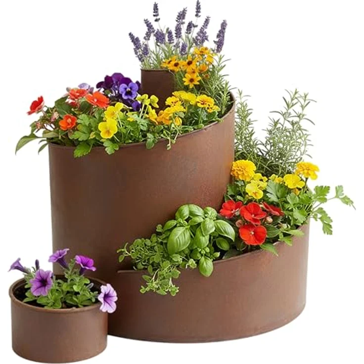 Spetebo Edelrost Eisen Kräuterspirale 3 Ebenen, 58 x 43 cm, Metall Kräuterschnecke mit 5 Kammern zum Bepflanzen, Natur Rost – Bild 1
