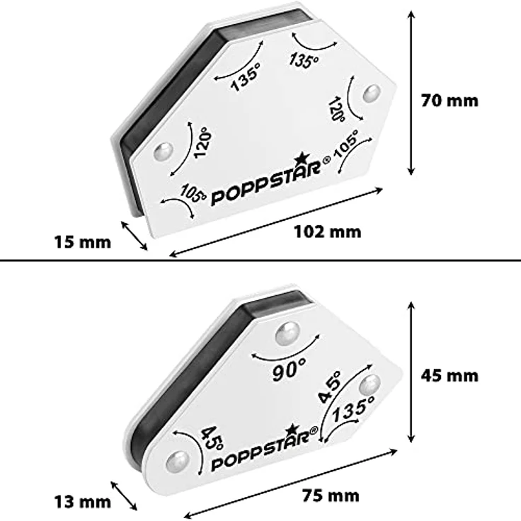 Poppstar Schweißmagnet-Set (Winkel 45°, 90°, 135°, 30°, 60°, 75°) 2x Magnet-Schweißwinkel klein, 2x Magnetwinkel Pfeil groß, 2x Multiwinkel-Magnete – Bild 2