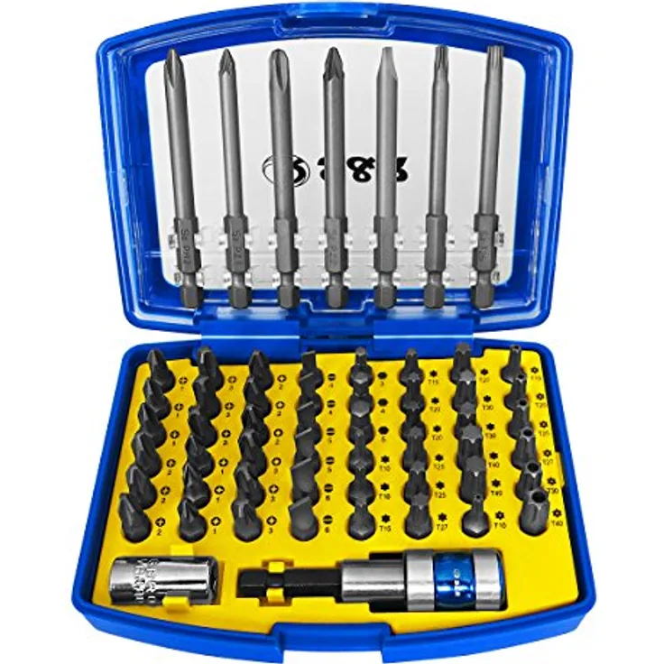 S&R Bit Set 57-teilig mit Bithalter in Handlicher Box, Schrauber-Bit-Satz für Akkuschrauber, Schlagschrauber und Bohrmaschine, vielseitiges Set für Profis und Heimwerker, mit Sechskant-Schaft, in Kunststoff-Box aus robustem S2-Stahl