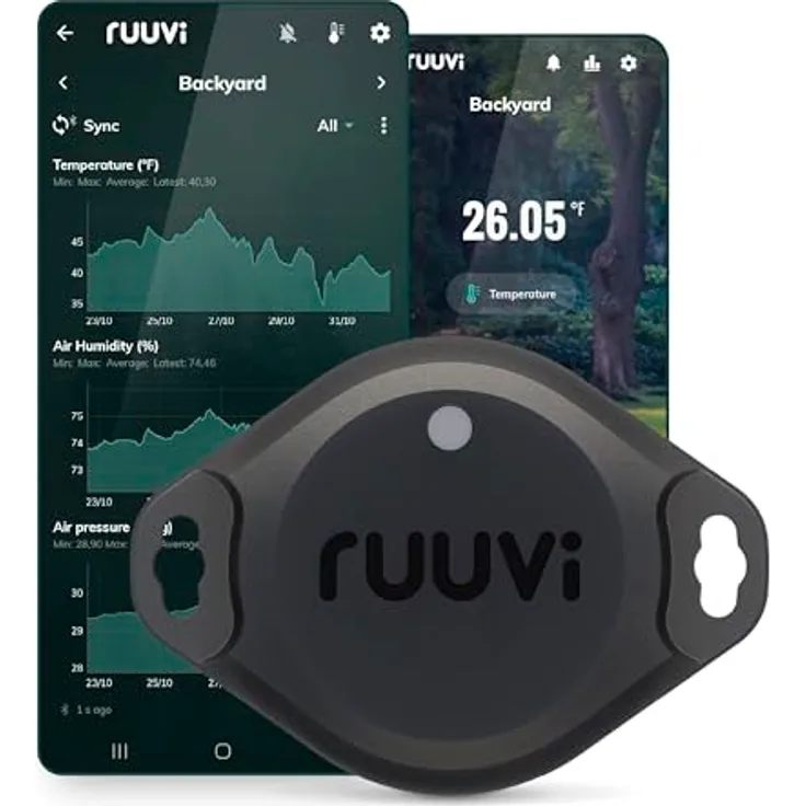Ruuvi RuuviTag Pro RTPro 4-in-1 Umwelt Sensor, industrieller Bluetooth-Temperatur- und Feuchtigkeitssensor, IP67, Schwarz