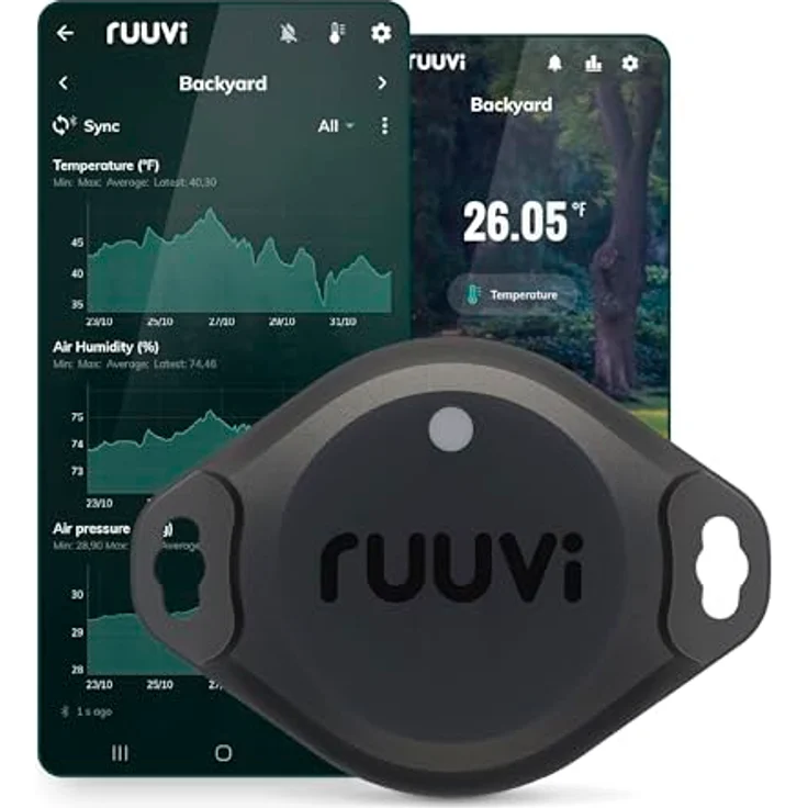 Ruuvi RuuviTag Pro RTPro 4-in-1 Umwelt Sensor, industrieller Bluetooth-Temperatur- und Feuchtigkeitssensor, IP67, Schwarz – Bild 1