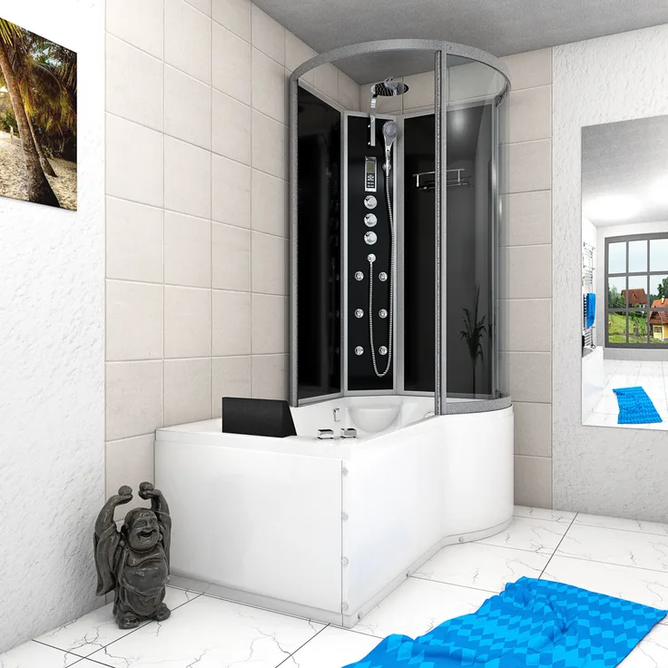 SeniorBad GmbH Kombination Whirlpool Dusche K50-L33-WP-EC Duschkabine Wanne 170x100, Schwarz, 3in1 Whirlpool-/ Wannen-/ Duschsystem