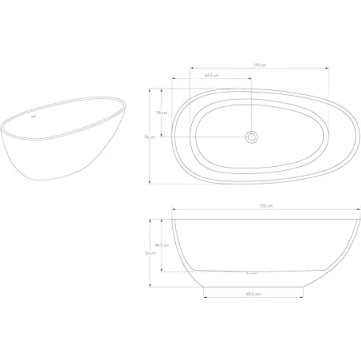 Bernstein Badewanne VELA, freistehende Mineralguss-Badewanne in Weiß matt, 150x76x54 cm mit Pop-up-Verschluss und Überlauf – Bild 5