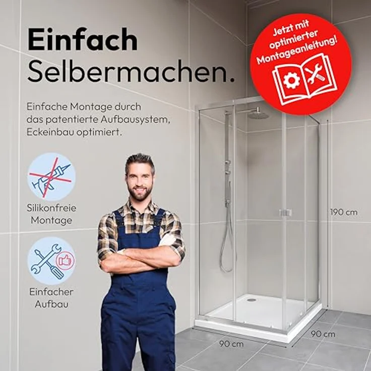Marwell Eckdusche Glasdusche Flexi 90x90x190 cm, 4-tlg., Aluminiumprofile silber-matt oder weiß, Breite 77-90 cm, Eckeinstieg – Bild 3