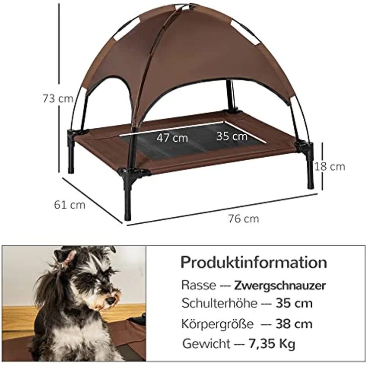 PawHut Haustierbett mit Baldachin, Erhöhtes Hundebett, Hundeliege Outdoor mit Dach, Atmungsaktiv, Taftstoff Kaffee 76 x 61 x 73 cm – Bild 3
