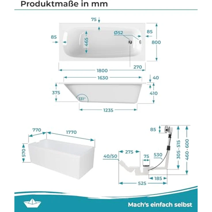 Calmwaters® Badewanne Komplettset 180x80 cm mit Wannenträger & Ablaufgarnitur, Original Rechteck Badewanne 180 x 80 cm, Weiß – Bild 5