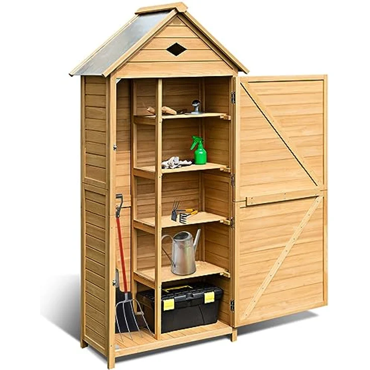 DREAMADE Gerätehaus Holz, Gartenschrank wetterfest, 176 x 70 x 36 cm, Naturholz, abschließbar – Bild 1