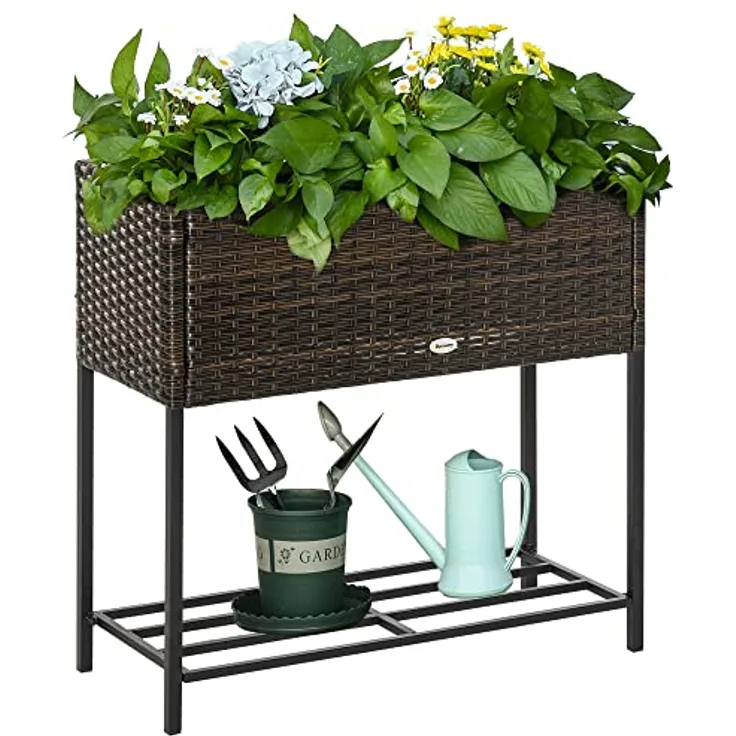 Outsunny Poly Rattan Hochbeet Blumenkasten mit Füßen Rattan Blumenkasten Blumentopf mit Ablage Braun 70 x 30 x 70 cm - Widerstandsfähiger Pflanzkübel mit Ablagefach und rückenschonender Arbeitshöhe