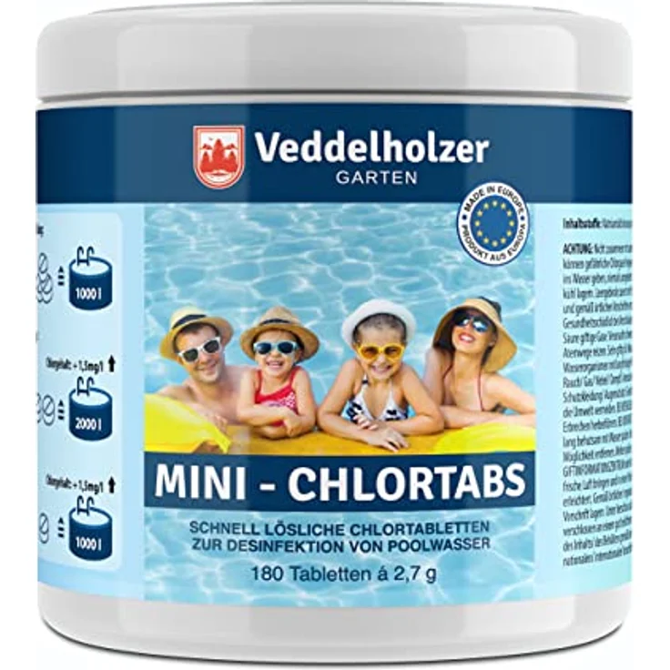 Veddelholzer 180 Mini Chlortabletten, schnelllösliche Multitabs für Poolwasserpflege, 486 Gramm für Süßwasser bis 50.000 m³ – Bild 1