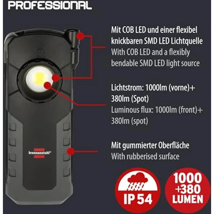 "Brennenstuhl Akku LED Handleuchte HL 1000 ACW 1000lm, 60 cm USB C/C Kabel, IP54, wiederaufladbar, gummierter Griff" – Bild 3