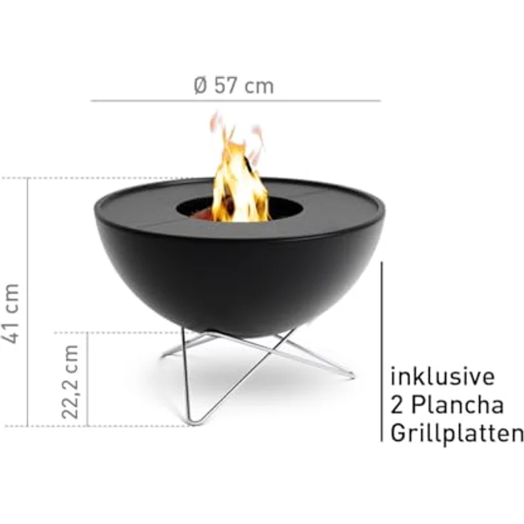 höfats BOWL 57 Plancha Set tief - raucharme Verbrennung - Feuerstelle und Plancha Grill - kippbarer Feuerkorb inkl. 2 Plancha Grillplatten - Stahl emailliert – schwarz, Ø 57 cm – Bild 2