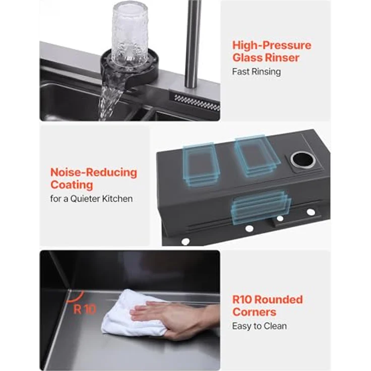 VEVOR Einbauspüle 850 x 460 x 236 mm, Edelstahlspülbecken mit PVD-Nano-Schwarzbeschichtung, Wasserfallarmatur & Schneidebrett, Einzelbecken für Wohnmobil, Vorbereitungsküche, Waschküche & Bar – Bild 4