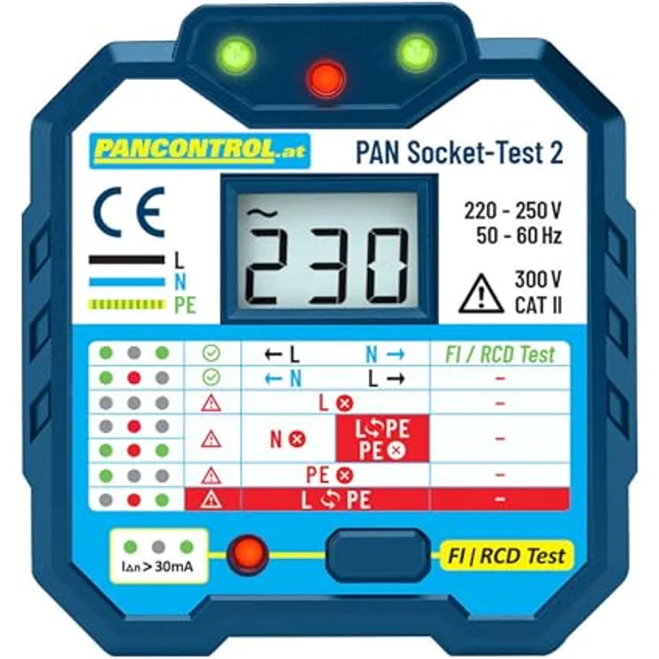 Pancontrol Spannungsprüfer PAN Schukotest FI Steckdosenprüfer CAT II 600V, Grüne und rote LEDs, FI-Test 30mA, CAT II 600V, keine Batterie erforderlich, 220V - 250V Wechselspannung AC, 56g, schwarz – Bild 2