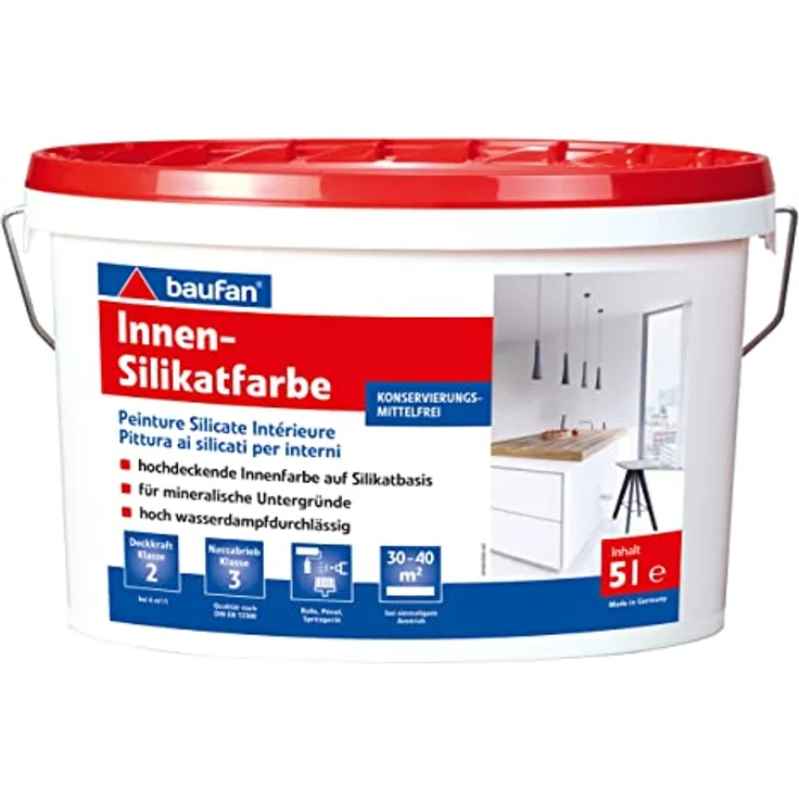 Baufan Innensilikatfarbe Mineralische Untergründe Stumpfmatter Glanz Wasserdampfdurchlässig weiß 5L – Bild 2