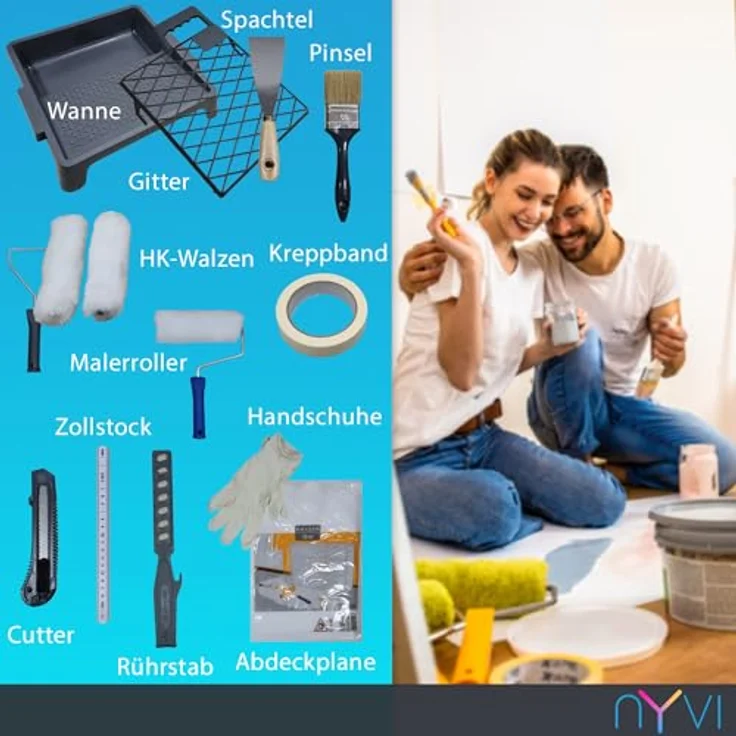 NYVI Malerset Advance DYI, 15-teiliges Profi Renovierset mit Malerrolle, Farbwanne, Abdeckfolie, Malerkrepp und Zubehör für Innen- und Außenanstriche – Bild 3