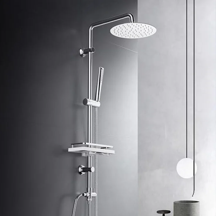 Görbach Edelstahl Duschset Regendusche mit verstellbarer Duschstange, Kopfbrause 20 cm, Duschablage Chrom und Massiv Messing Umschaltventil – Bild 1