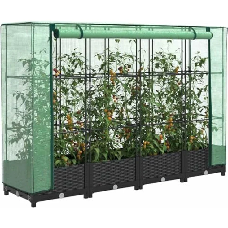 vidaXL Hochbeet mit Gewächshaus-Aufsatz Rattan-Optik 160x40x123 cm schwarz - Stabiles Eisenrohr-Rahmen, wasserfeste Abdeckung, Rattan-Look – Bild 3