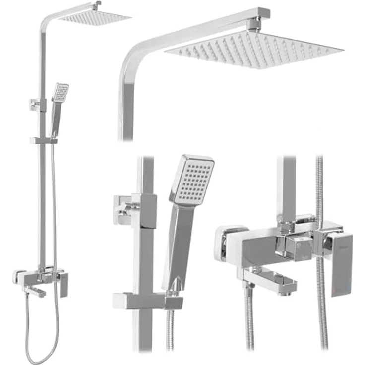 Rea Duschsystem Navaro Duschset, Duscharmatur mit 20 x 20 cm Regendusche und 150 cm Schlauch, Chrom – Bild 1
