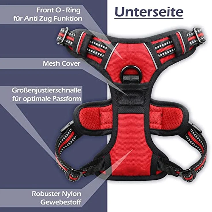 Hunde-Geschirr für kleine und große Hunde, Brustgeschirr gepolstert und reflektierend, verstellbar und atmungsaktiv, Dog Harness - Größe L, Farbe Rot – Bild 3