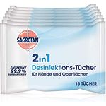 Sagrotan 2in1-Desinfektionstücher – Zum Desinfizieren von Händen und Oberflächen – 7 x 15 Feuchttücher in wiederverschließbarer Verpackung