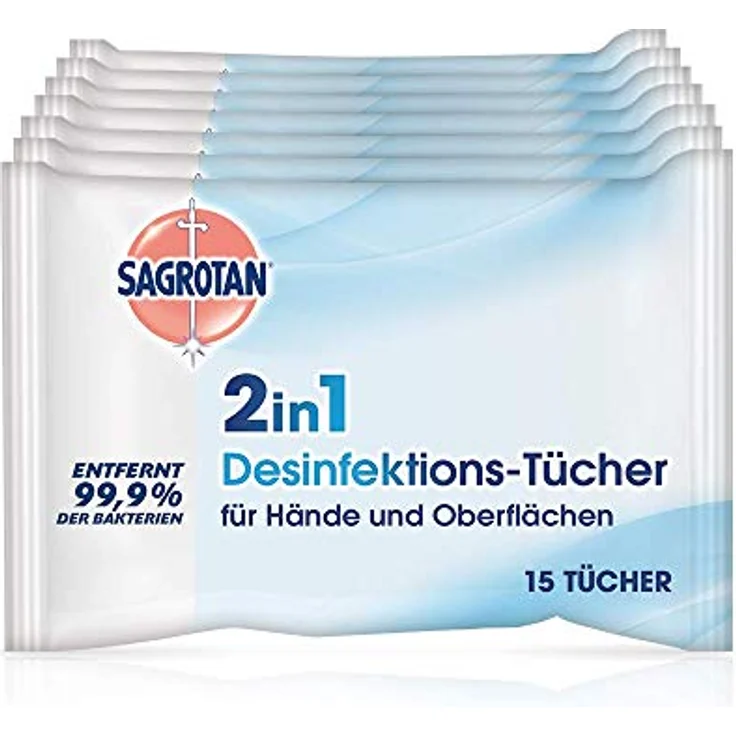 Sagrotan 2in1-Desinfektionstücher – Zum Desinfizieren von Händen und Oberflächen – 7 x 15 Feuchttücher in wiederverschließbarer Verpackung – Bild 1
