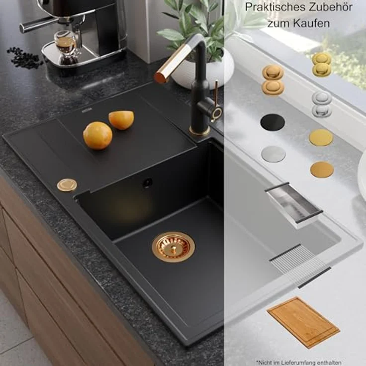 Quadron EVAN 136 XL, Granitspüle in Pure Carbon & Golden, 86 x 50 x 21 cm, Einzelbecken Spüle mit Abtropffläche und manuellem Siphon – Bild 3