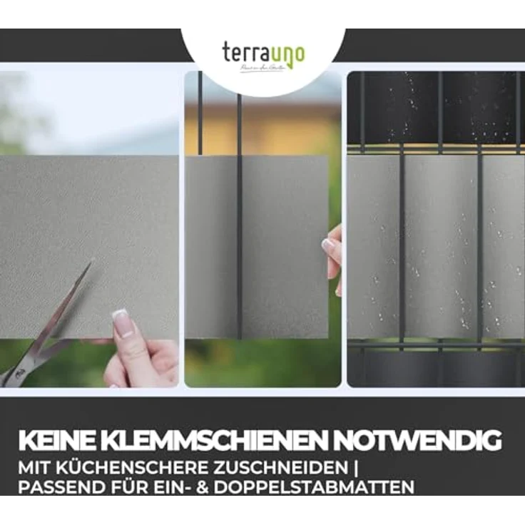 TerraUno Sichtschutzstreifen für Doppelstabmatten, RAL 7040 Grau, 10 Stück, UV-beständig, Polypropylen, Lederoptik, blickdicht, Made in Germany – Bild 5