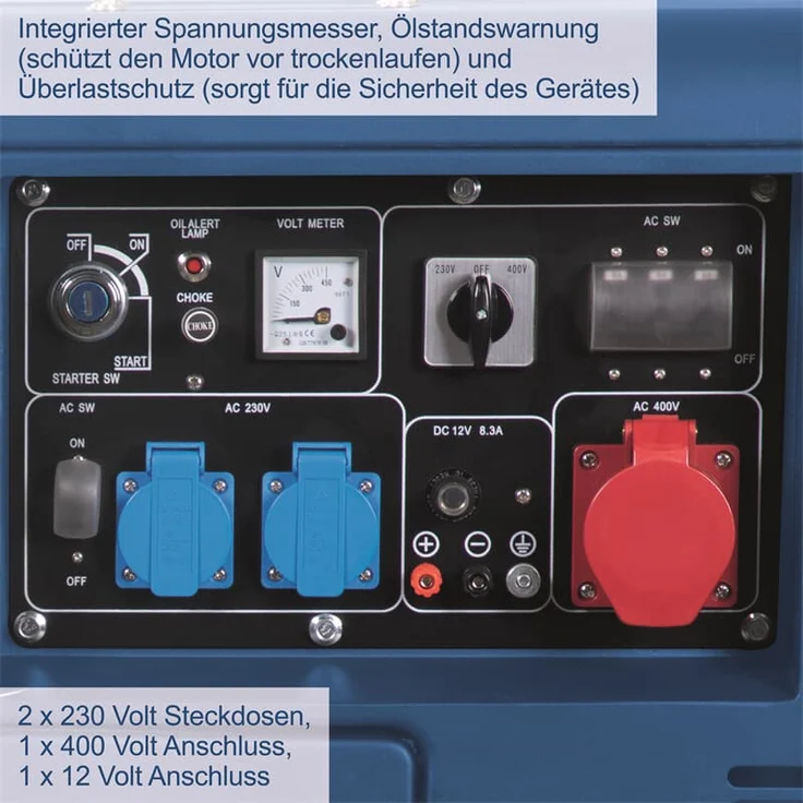 Scheppach Diesel Stromerzeuger | Elektrostart | 7,7PS | 5000W | 2x 230V, 1x 400V Steckdose | 16L Tank | AVR System | Stromgenerator SG5200D inkl. Fahrvorrichtung – Bild 3