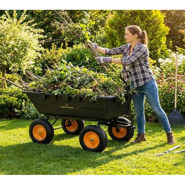 Westmann Prakta L Gartenwagen, Kunststoffkarre mit Kippfunktion, 225 L Volumen, 400 kg Tragkraft, luftbereifte Räder und Zugstange – Bild 3