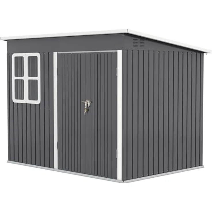 Outsunny Gerätehaus, 4,13 m³, Gartenhaus mit Fenster, abschließbare Tür, wetterbeständig aus Stahl, Dunkelgrau, 260 x 177 x 190 cm