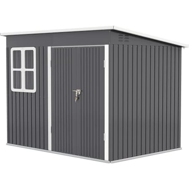 Outsunny Gerätehaus, 4,13 m³, Gartenhaus mit Fenster, abschließbare Tür, wetterbeständig aus Stahl, Dunkelgrau, 260 x 177 x 190 cm – Bild 1