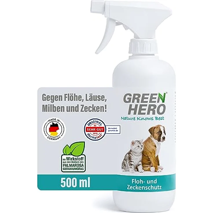 Green Hero Floh- und Zeckenschutz 500 ml das Zeckenspray und Flohmittel für Hunde und Katzen, effektives Flohspray für die direkte Anwendung auf dem Tier bei akutem Befall oder zum Schutz – Bild 1