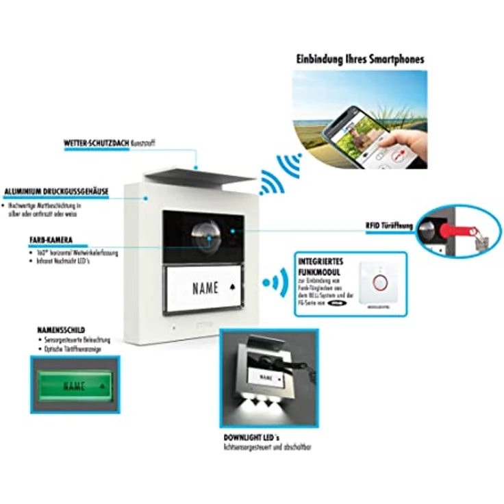 m-e VS-21 S Vistasmart iP Video-Türsprechstation aus silber beschichtetem Aluminium | Türklingel mit Kamera und RFID | Klingel mit Kamera, WLAN/LAN | Video Türklingel Eingangsüberwachung IP44 – Bild 3