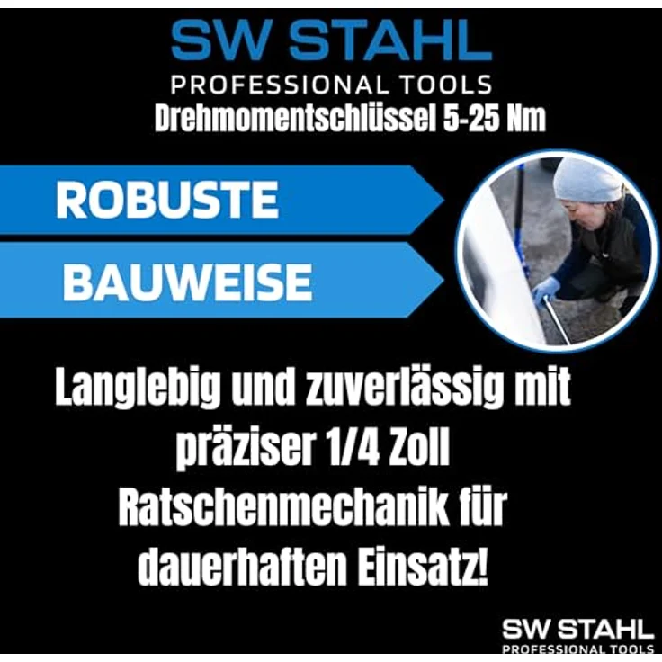 SW-Stahl 03809L Drehmomentschlüssel 1/4 Zoll, verstellbar 5-25 Nm mit ergonomischem Griff, Ratsche 48 Zähne für PKW-Reifenwechsel – Bild 4