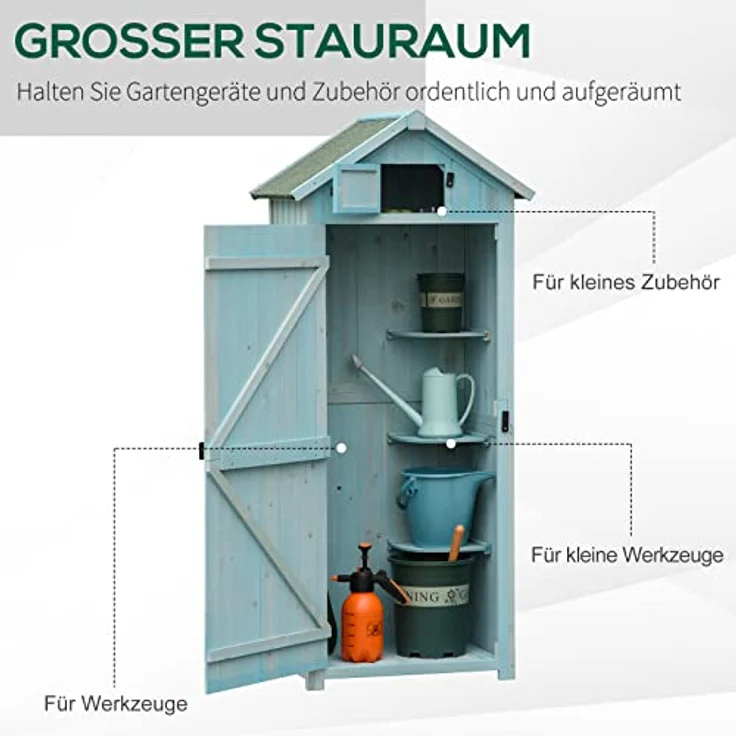 Outsunny Gartenschrank Gartenhaus Gerätehaus Geräteschuppen mit Fachböden Asphaltdach Fenster Holz Hellblau+Grün 77 x 54,2 x 179 cm – Bild 3