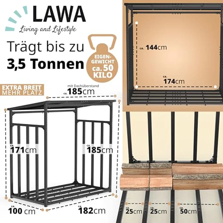 LAWA Living and Lifestyle Kaminholzregal außen, Metall verzinkt mit Dach, 185x105x185 cm, Tragfähigkeit 3,5 t, anthrazit – Bild 2