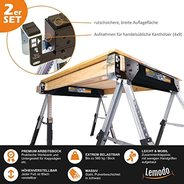 Premium Arbeitsbock, klappbar, höhenverstellbar, Sägebock (2er Set) – Bild 5