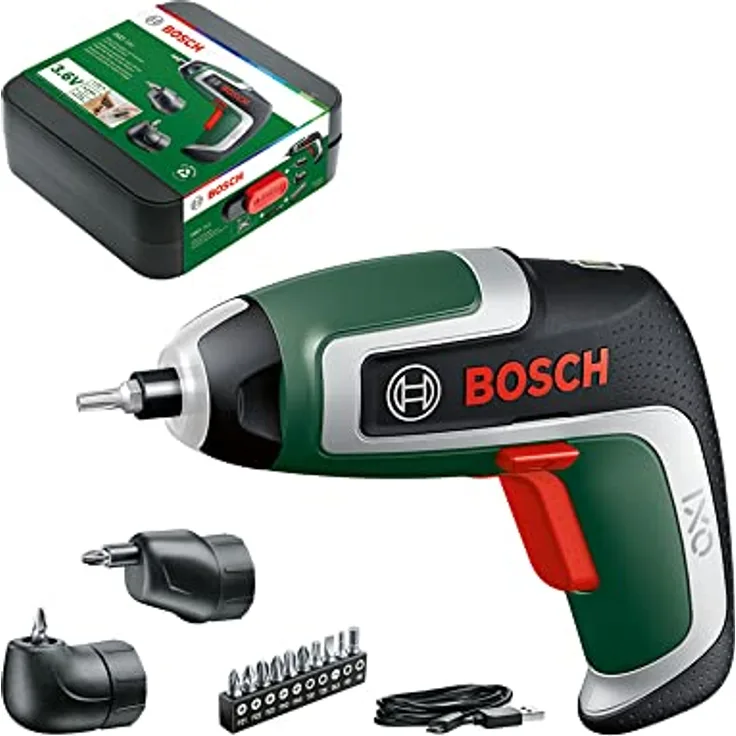 Bosch Akkuschrauber IXO (7. Generation; 3,6V; 2,0Ah; 5,5Nm; Set inkl. Winkel- und Exzenter-Aufsatz; mit Mikro-USB-Kabel; schraubt bis zu 190 Schrauben; in Aufbewahrungsbox)