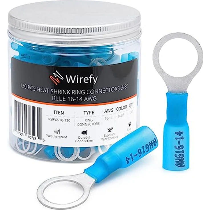 Wirefy Blaue Ringkabelschuhe M10, Lötfreie Quetschverbinder für 1,5-2,5 mm², 130 Stück mit hochwertigem Wärmeschrumpfschlauch und lebenslanger Garantie – Bild 1