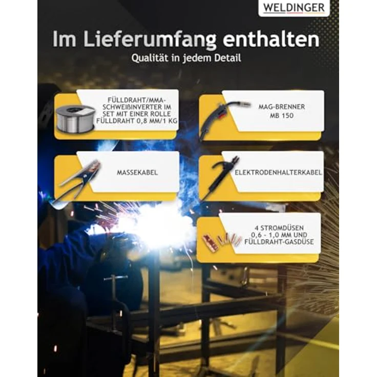 WELDINGER Fülldrahtschweißgerät ME 130 mini Flux IGBT Schweißgerät, 20,00 - 130,00 A, Einsteigerset, 10-tlg., 4 in 1 Kombigerät, geeignet für Edelstahl Fülldraht, schwarz – Bild 4