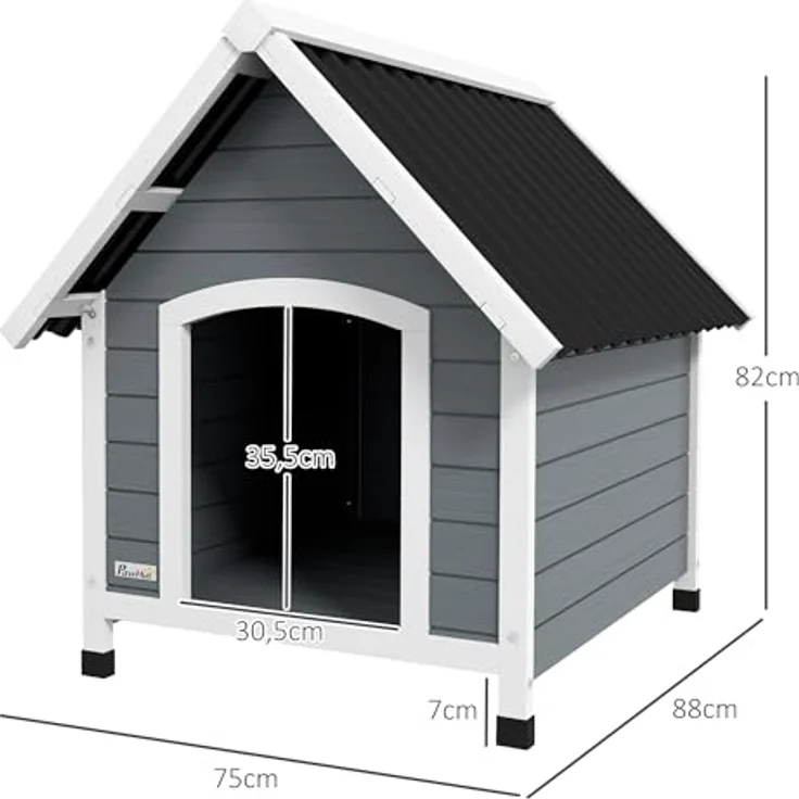 PawHut Hundehütte aus Holz mit Asphaltdach, korrosionsbeständig, Grau 75 x 88 x 82 cm – Bild 5
