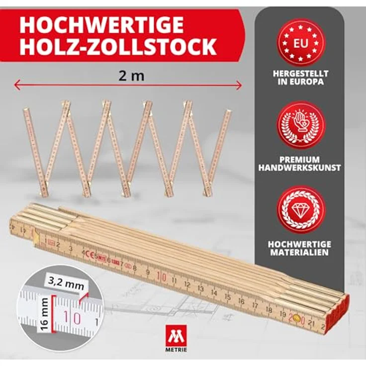 M METRIE Metrie™ Zollstöcke Perfekt 10, Gliedermaßstab 2m aus lackiertem Naturholz mit robusten Stahlgelenken, Duplex Teilung, Hergestellt in der EU, 10 Stück – Bild 2