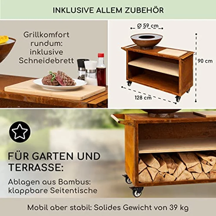 Blumfeldt Feuerschale, Tragbare Feuerschalen für den Garten, Outdoor Feuerstelle mit Grillrost, Groß, Rost-Optik – Bild 5