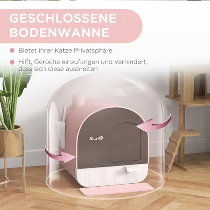 PawHut Katzentoilette mit Haube für Katzen bis 5 kg - Rosa, inkl. Schaufel und Schmutzfangmatte – Bild 4