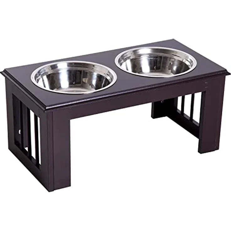 PawHut Erhöhter Hundenapf, Futternapf, Edelstahlnäpfen, Haustier Fressnapf, MDF, Kaffee, 58,4 x 30,5 x 25,4 cm – Bild 1