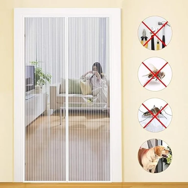 MYCARBON Fliegengitter Tür Magnet 140x220cm, Insektenschutz für Balkontür ohne Bohren, reißfester Fliegenvorhang, elegant in Weiß – Bild 1