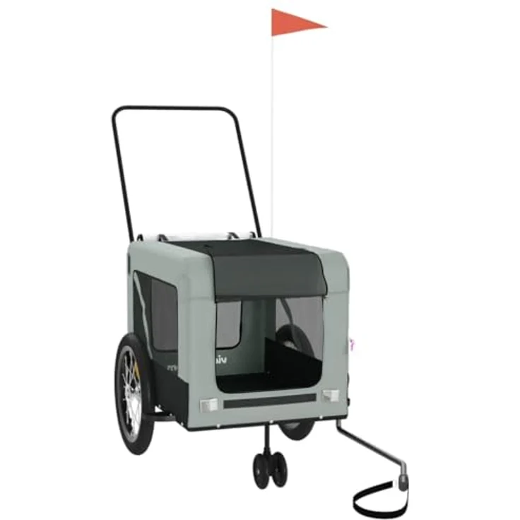 vidaXL Hunde-Transportbox Fahrradanhänger Grau und Schwarz, Oxford-Gewebe und Eisen, mit PVC-Dach und Reflektoren – Bild 3