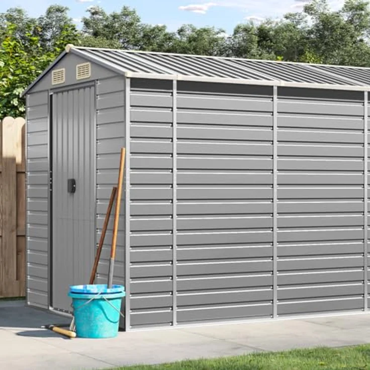 vidaXL Gerätehaus, Gartenhaus mit Schrägdach Griffe, Gartenschuppen Schuppen mit Stauraum, Geräteschuppen Metallschuppen, Hellgrau 191x470x198 cm Verzinkter Stahl – Bild 2